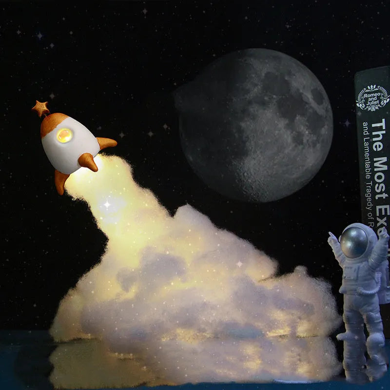 DIY rocket night light kit with LED string lights and space-themed design for desk decoration