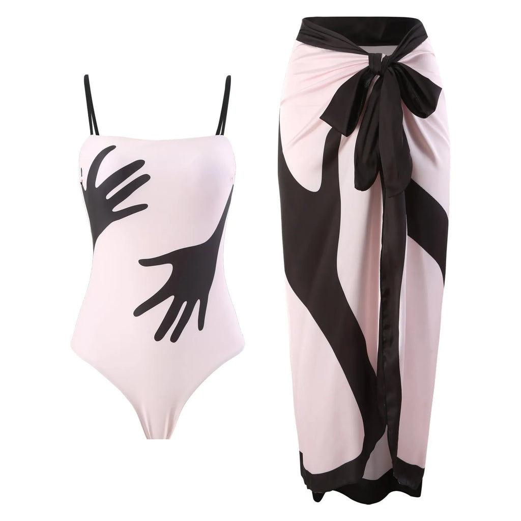 Women's one-piece style bikini two-piece swimsuit set with a white tulle skirt.
