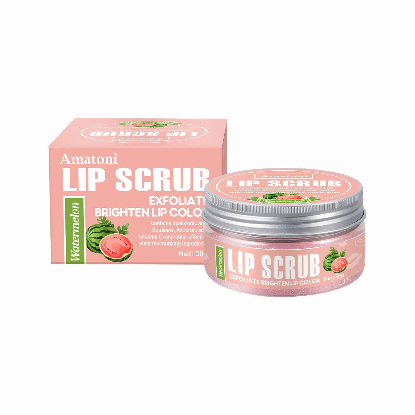 Amatoni lip scrub cream in 30g container with coconut, raspberry, vanilla, and watermelon flavour options