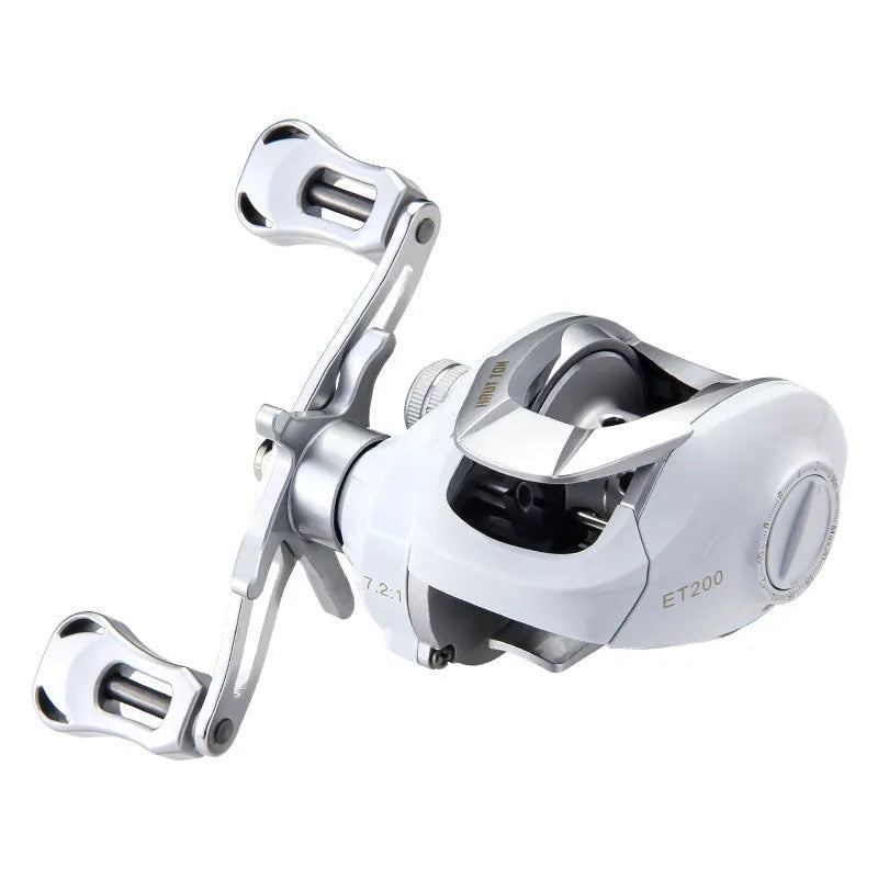 Small white micro baitcasting fishing reel with a distinctive drip wheel design on a blue background.