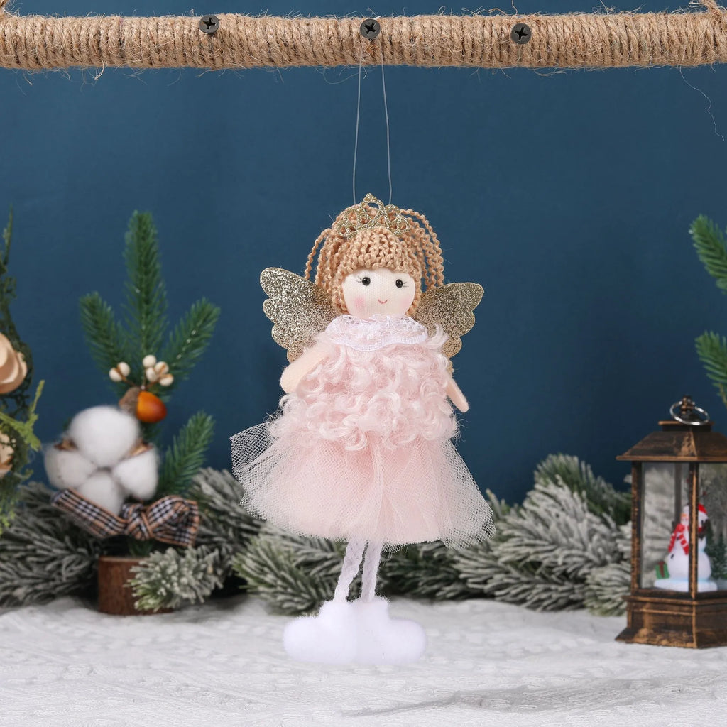 Christmas angel girl cloth pendant with high ponytail and crown in white pink or khaki