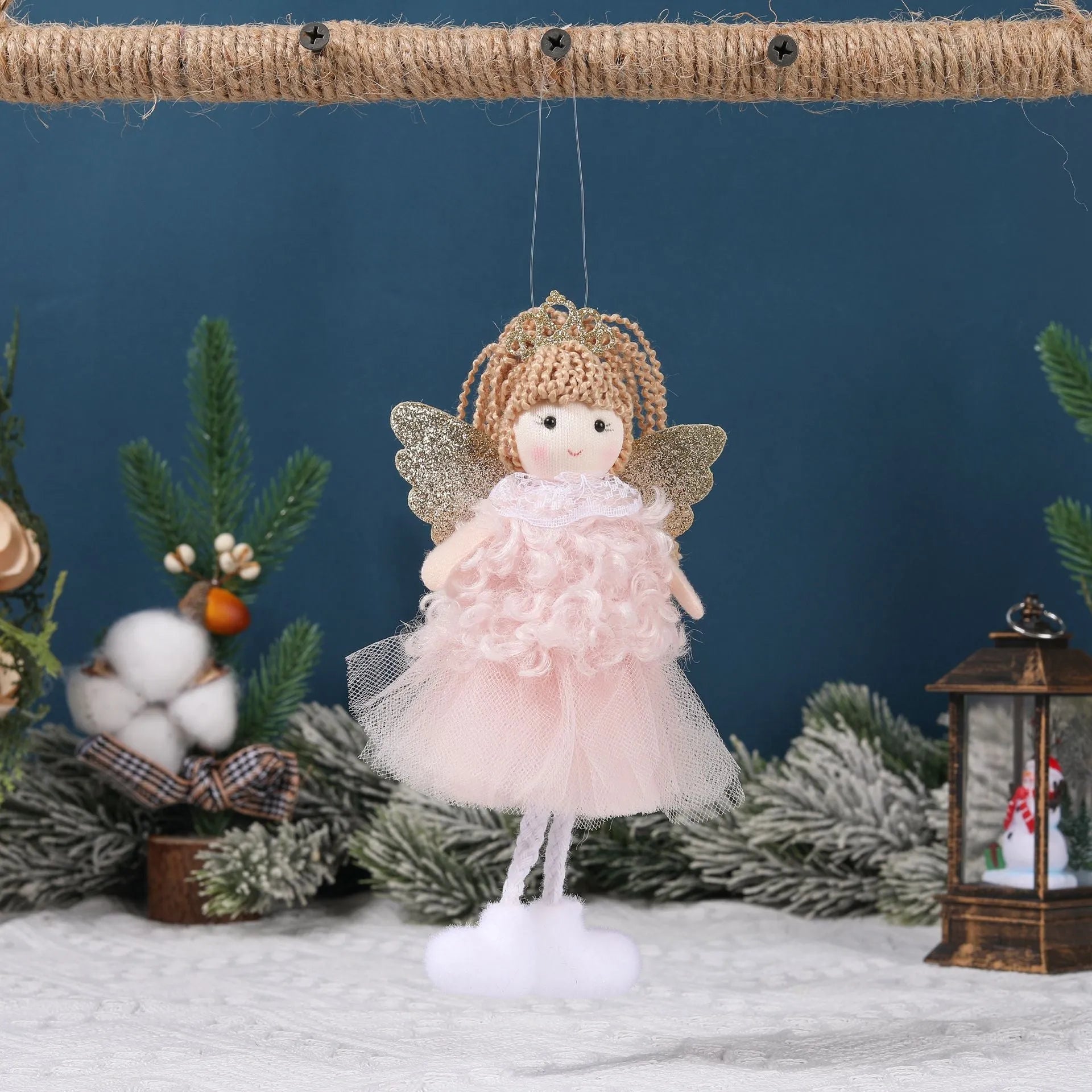 Christmas angel girl cloth pendant with high ponytail and crown in white pink or khaki