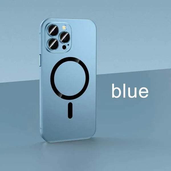Aluminium alloy frame magnetic snap-on protective case for iPhone in five colour options.