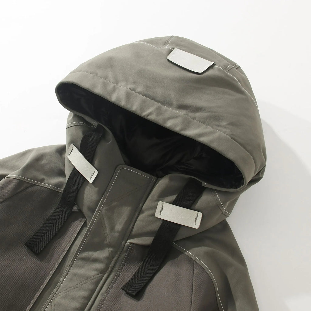 Men's hooded down jacket in apricot with white duck down filling, polyester lining, loose fit