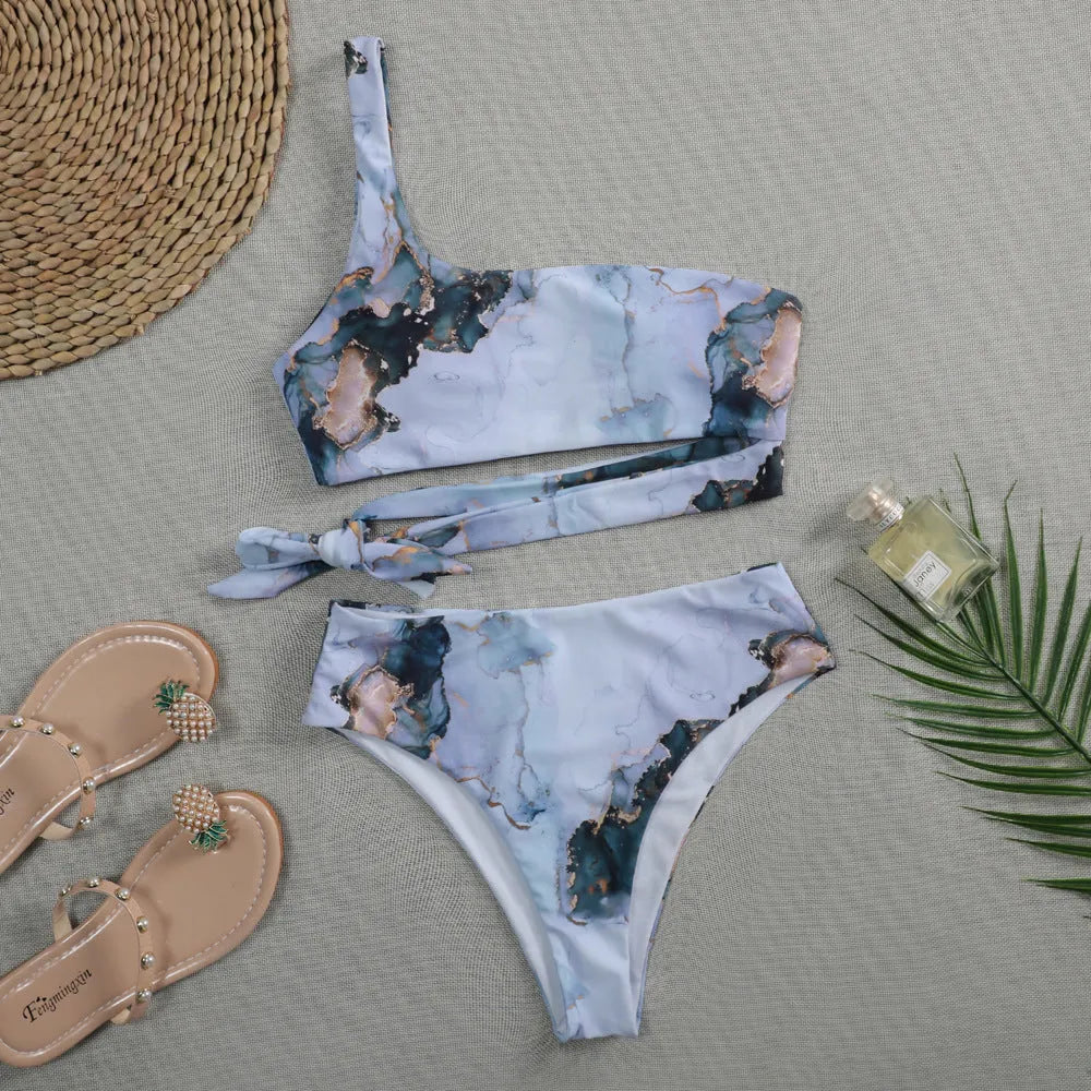 Women's high-waist marble tie-dye print bikini set with U-neck top.
