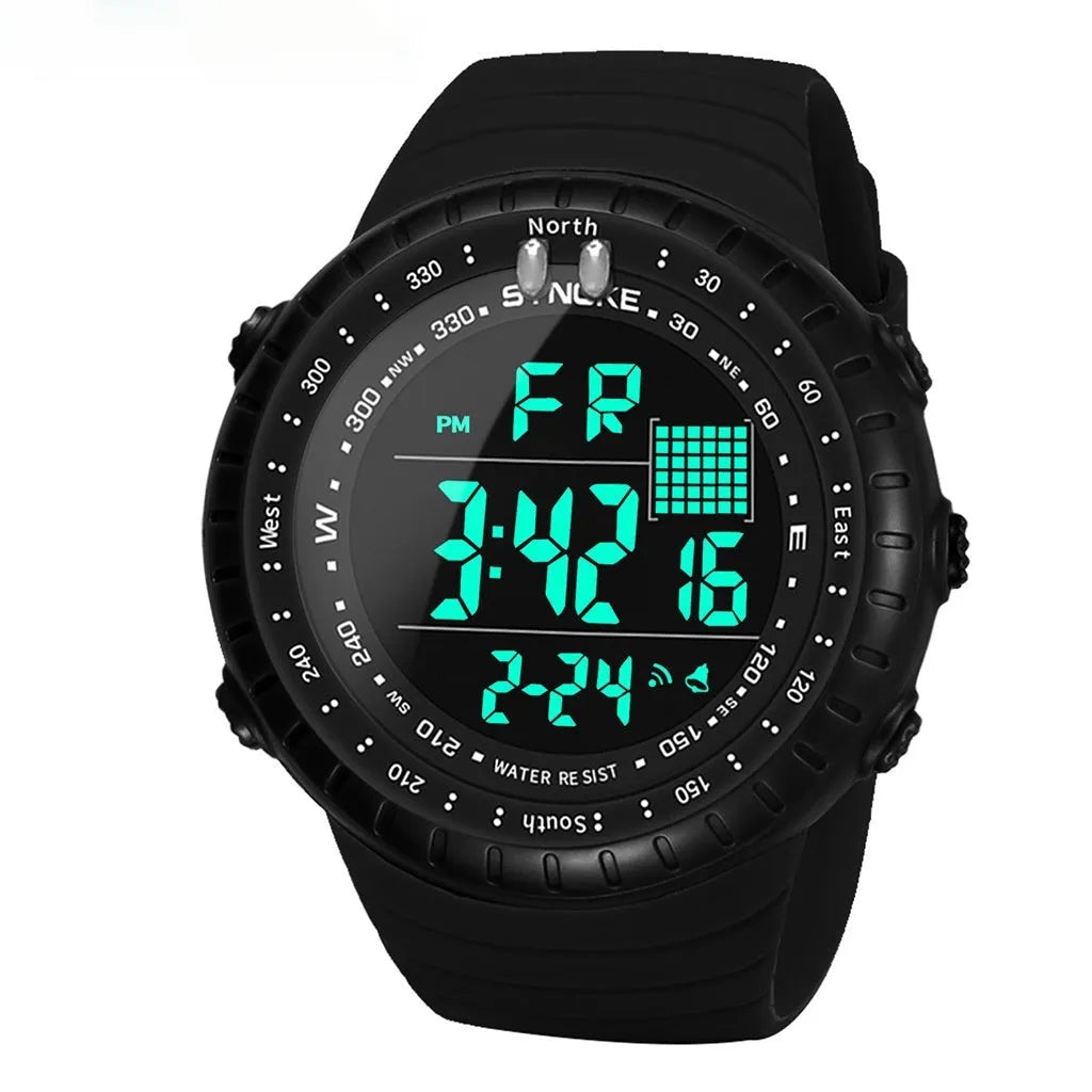 Black men's outdoor electronic watch with large dial showing WR50M waterproof rating on PU strap