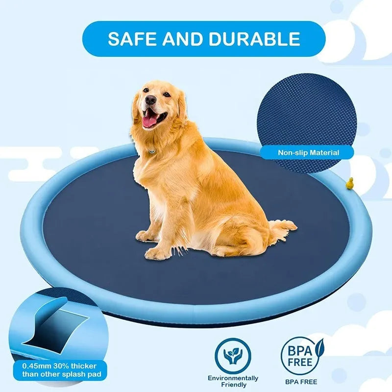 Large blue anti-slip dog splash pad pool with inflated sides in a garden.