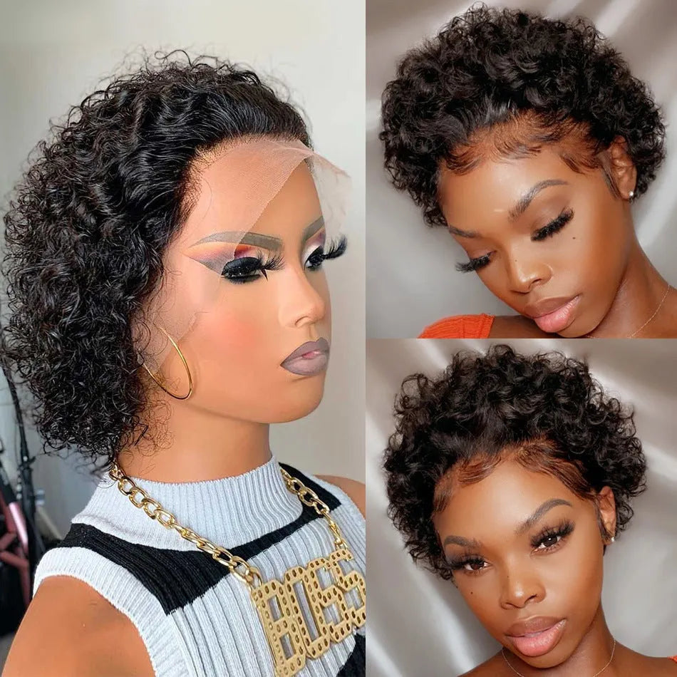 Black human hair pixie wig with lace front on mannequin head