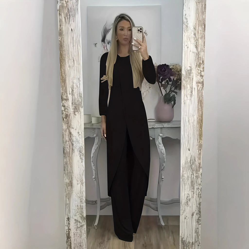Casual polyester two-piece lounge set with loose fit in black, available sizes S to 5XL