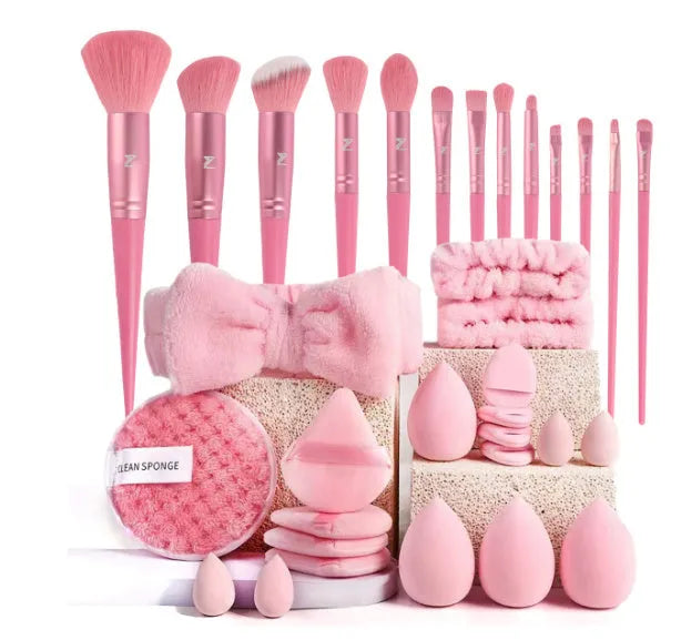 Beauty tools combination set with hydrophilic non-latex face wash and makeup tools in brown, pink, and purple colours