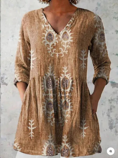 Women's printed wave pattern loose dress with 3/4 sleeves and wide waist design in polyester fabric