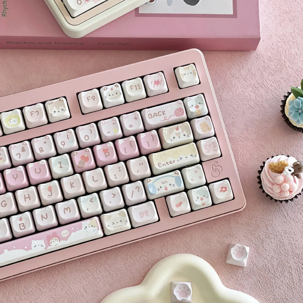 Meow Meow Team themed 141-piece PBT plastic key cap set for mechanical keyboards showing colourful sublimation print.