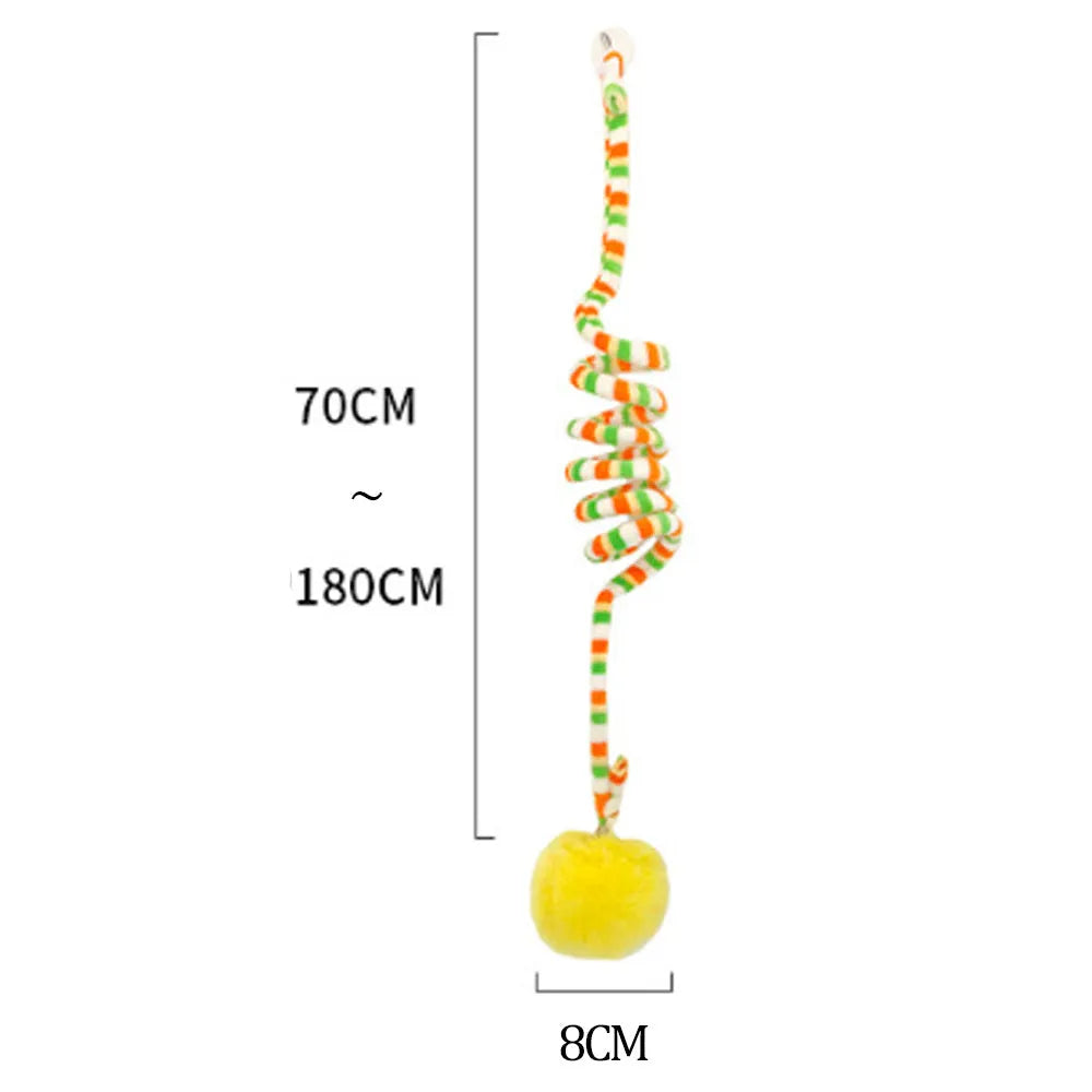 Kitten playing with hanging spring toy featuring inflatable ball and suction cup mount in various colours