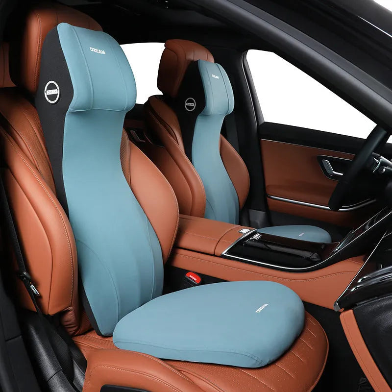 Automotive memory foam waist cushion and headrest lumbar support pillow set in various colours