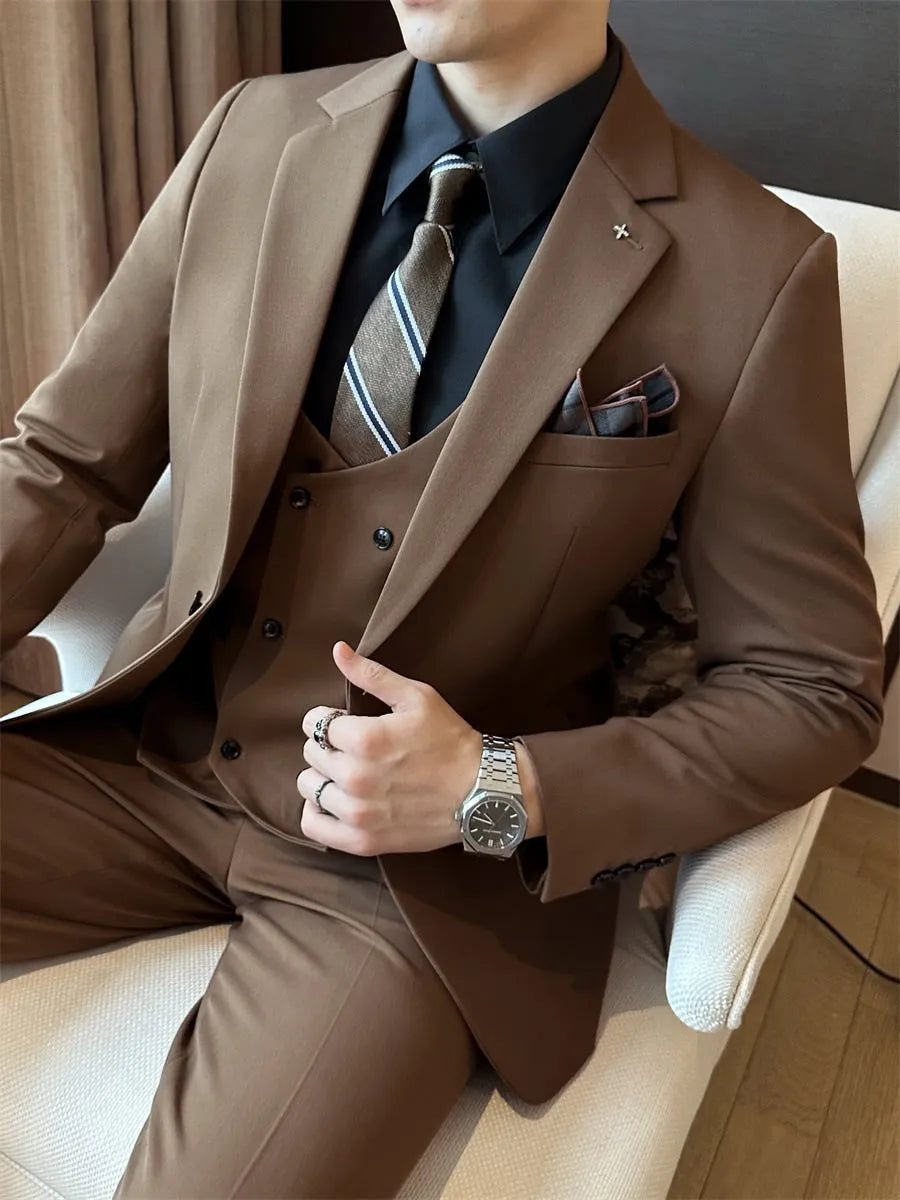 Men's slim fit business formal wear jacket in dark green, brown, and camel colours
