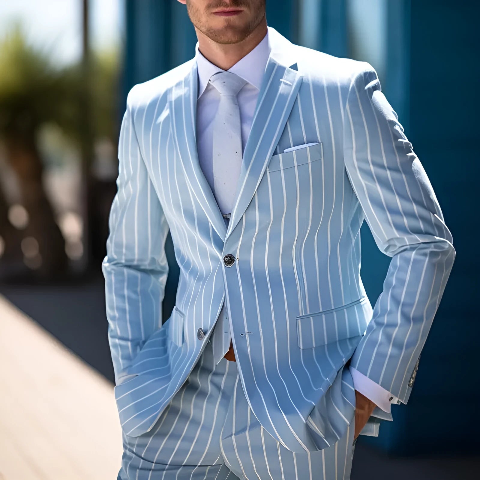 Blue and white button British style men's suit jacket with straight hem and seam pockets.
