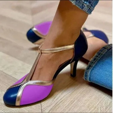 Women's round toe high heels with button fastening in blue, pink, red, and black colour options
