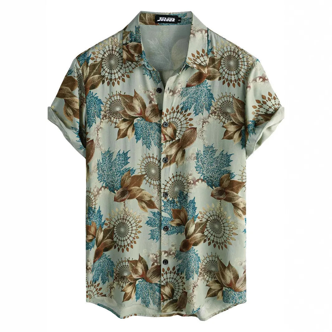 Hawaiian floral print short sleeve shirt with lapel design on elastic polyester fabric