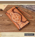 Chinese-style embossed floral pattern tri-fold women's wallet in genuine leather