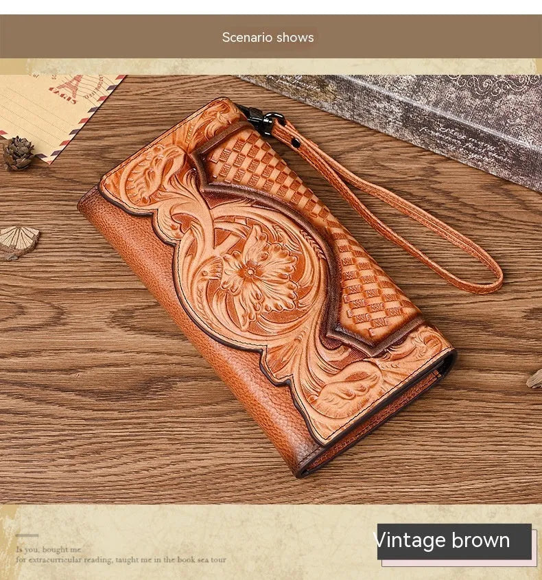 Chinese-style embossed floral pattern tri-fold women's wallet in genuine leather