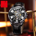 Men's automatic mechanical watch with hollow dial visible through transparent case back on genuine leather strap