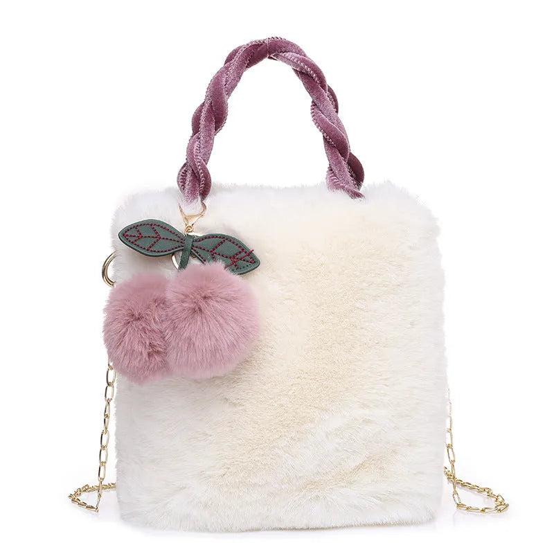 Large capacity soft plush travel bucket bag with open pocket in milky white colour
