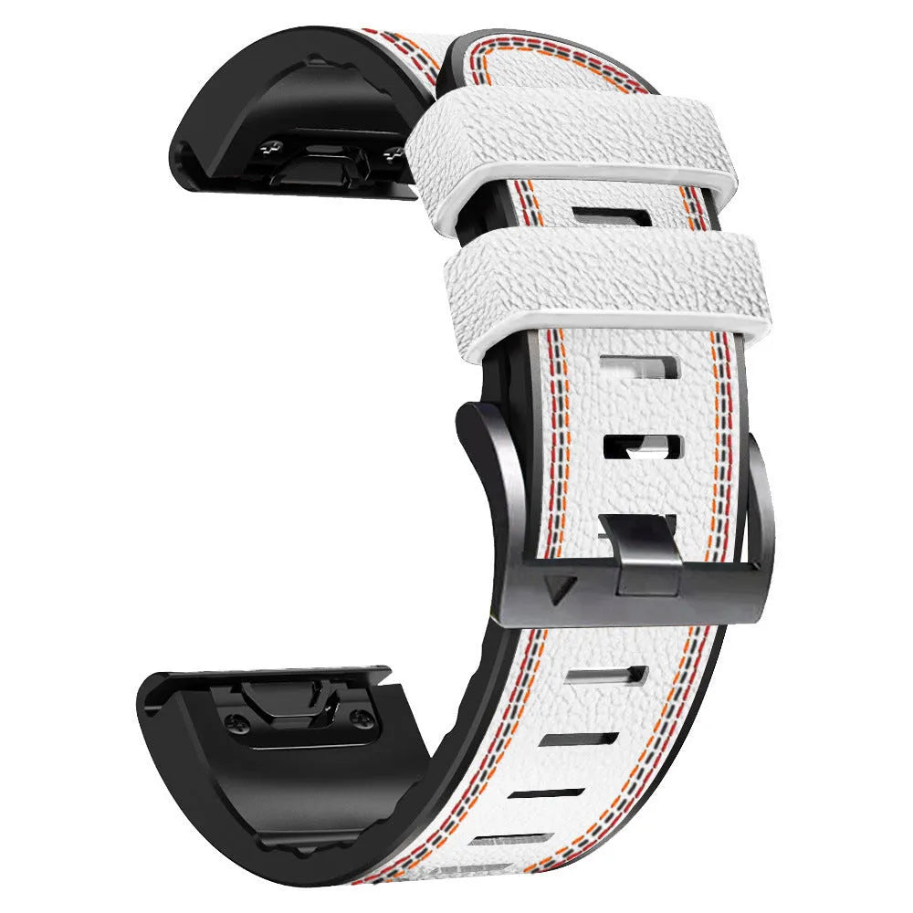 Silicone leather quick release watch strap for Garmin Fenix smartwatch in black, shown next to 22mm and 26mm size options.