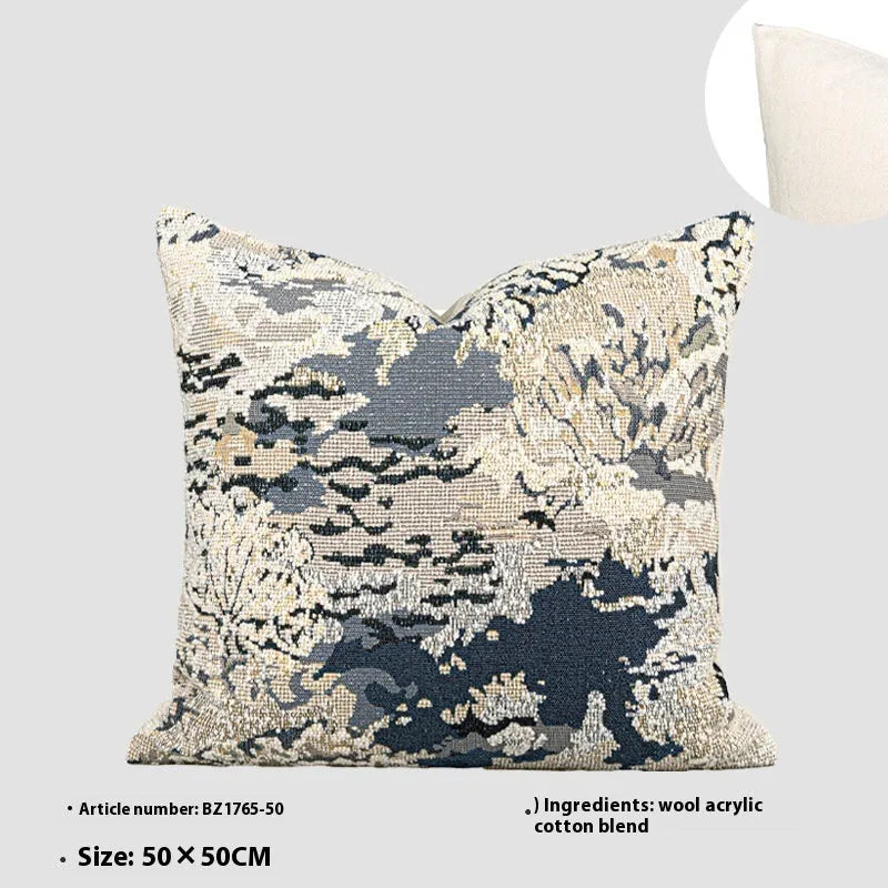 Antique blue abstract floral patterned wool blend cushion cover in square and waist pillow sizes.