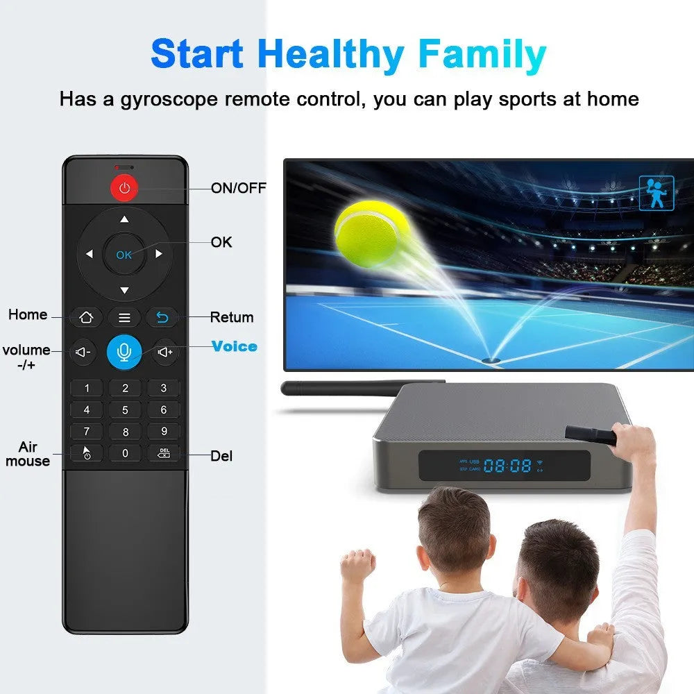 Black square Android 8K set-top box with RK3566 processor and remote control