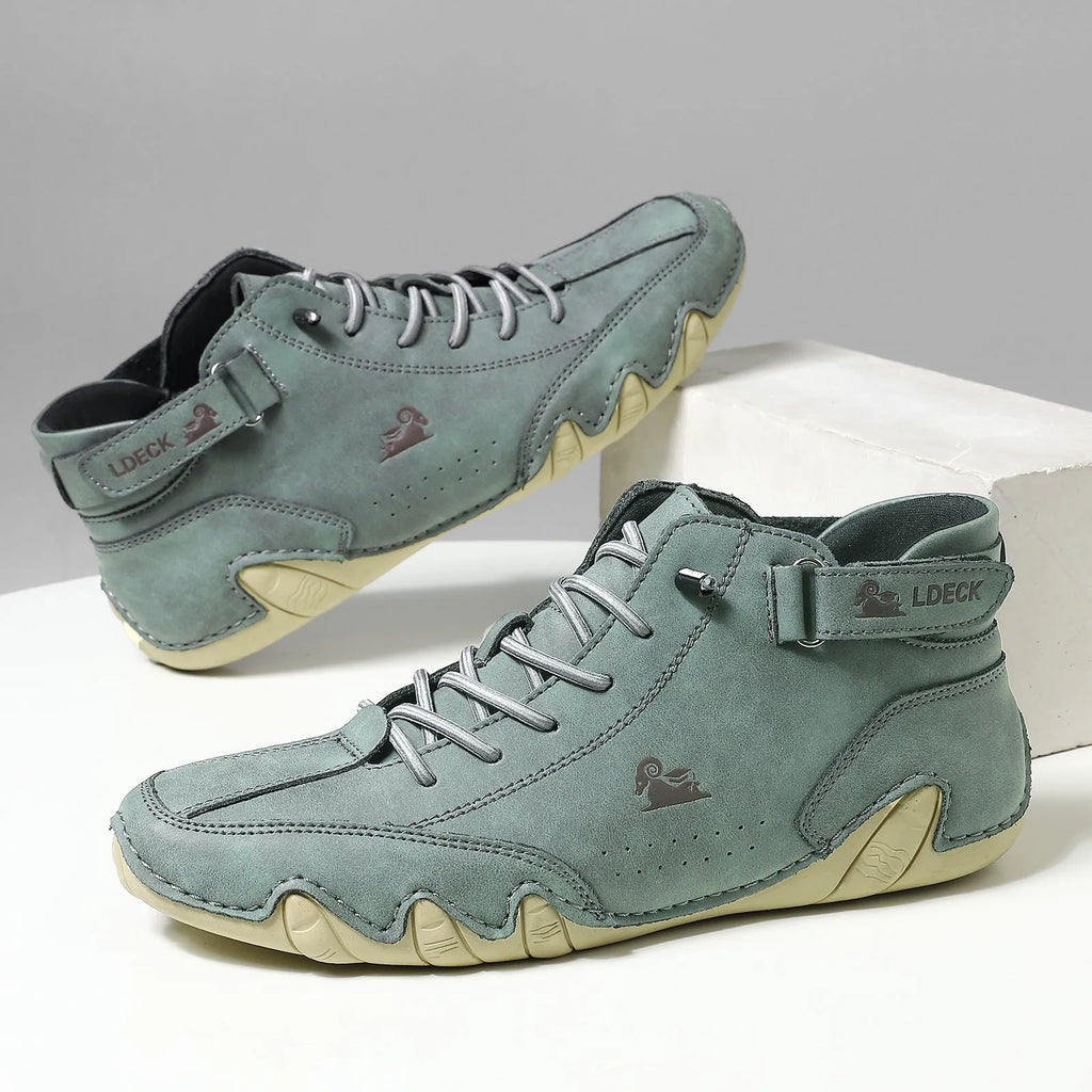 Men's khaki high-top octopus boots with flat rubber soles and round toe