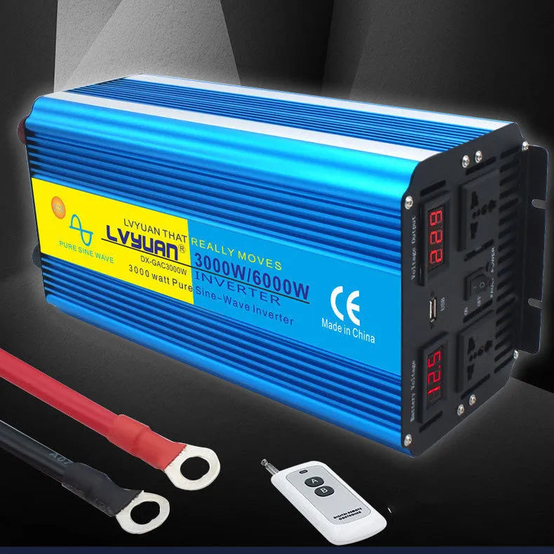 Blue car power inverter with digital display and UK sockets