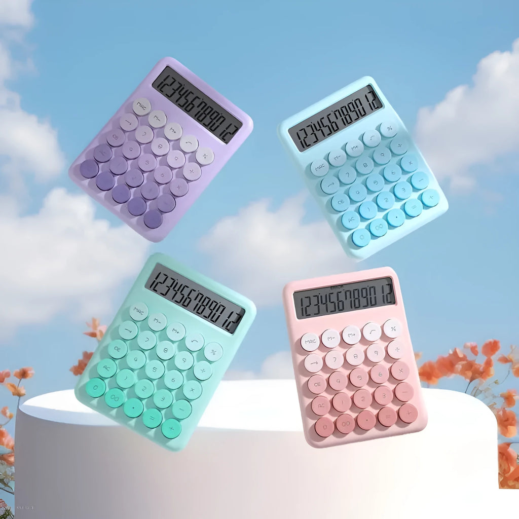 Dopamine gradient colour desk calculator in violet, pink, blue, and green options on a desk