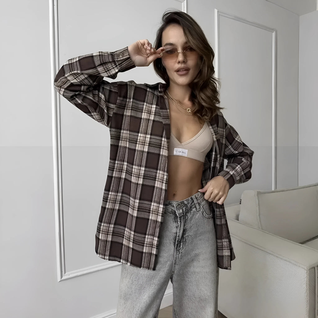 Dark brown retro striped women's cotton long sleeve shirt on hanger