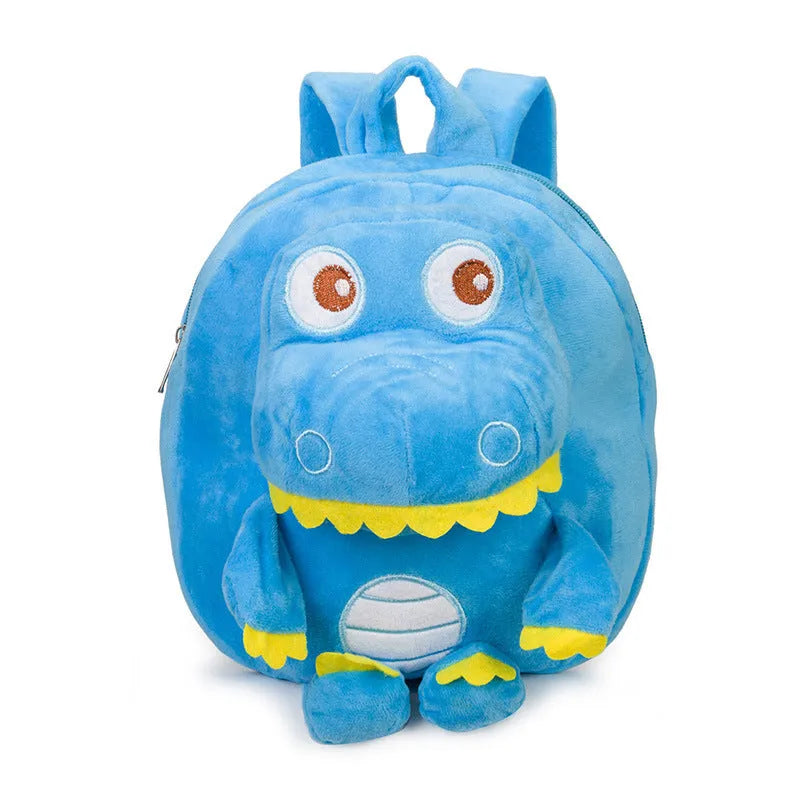 Blue soft plush dinosaur backpack for children with embroidered details and a soft carry handle.