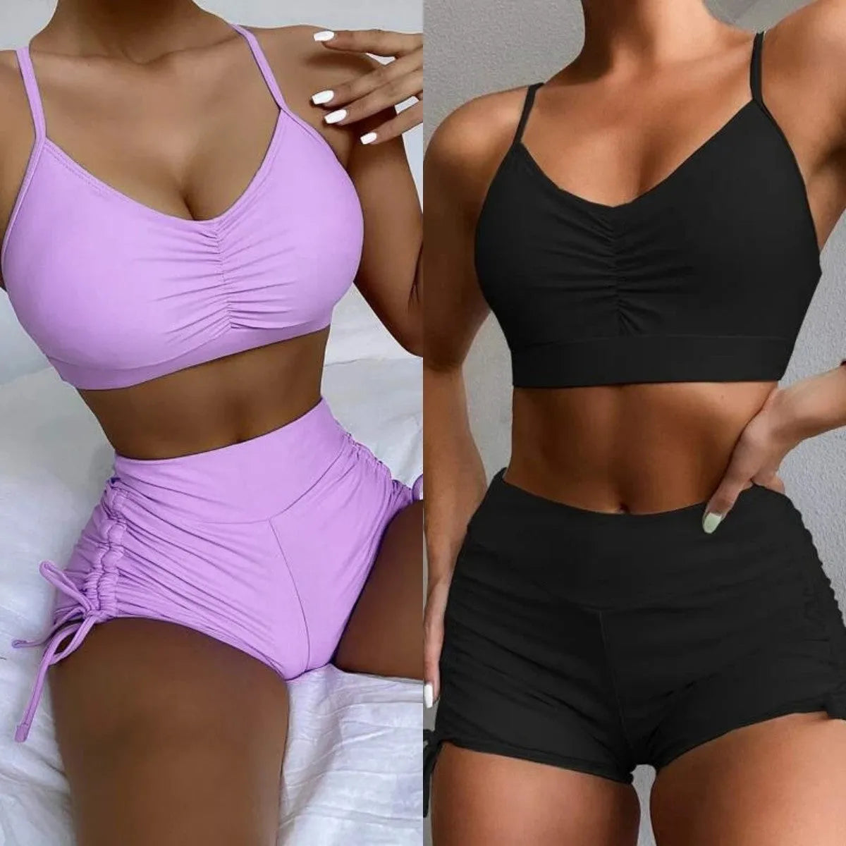 Women's high-waist split swimsuit bikini in purple or black with sleeveless design
