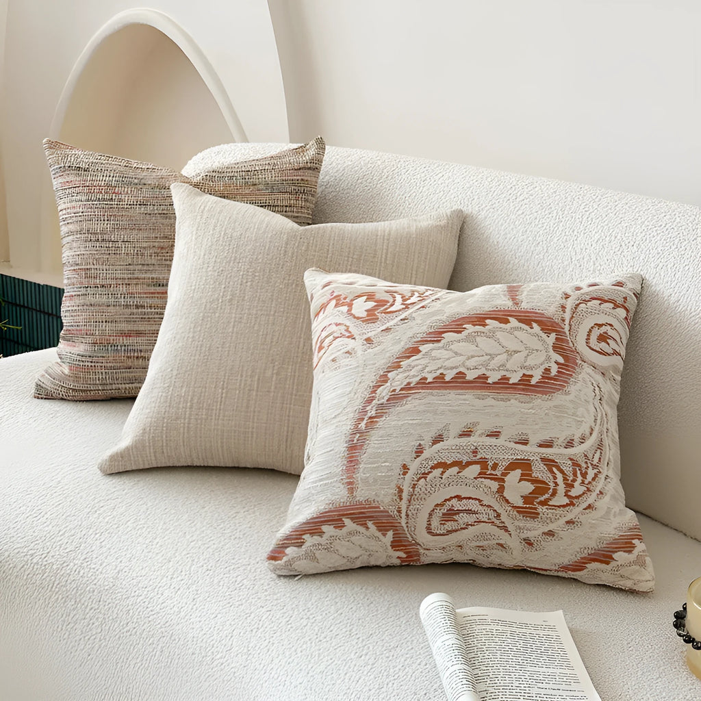 American-style Jacquard sofa backrest cushion with yarn-dyed paisley pattern in amber colour variations