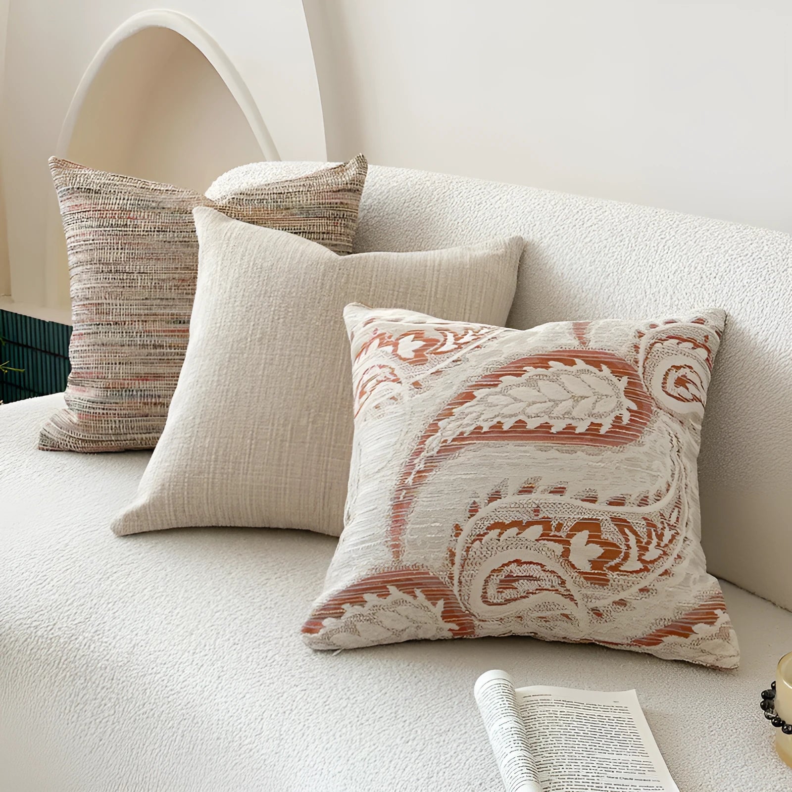 American-style Jacquard sofa backrest cushion with yarn-dyed paisley pattern in amber colour variations