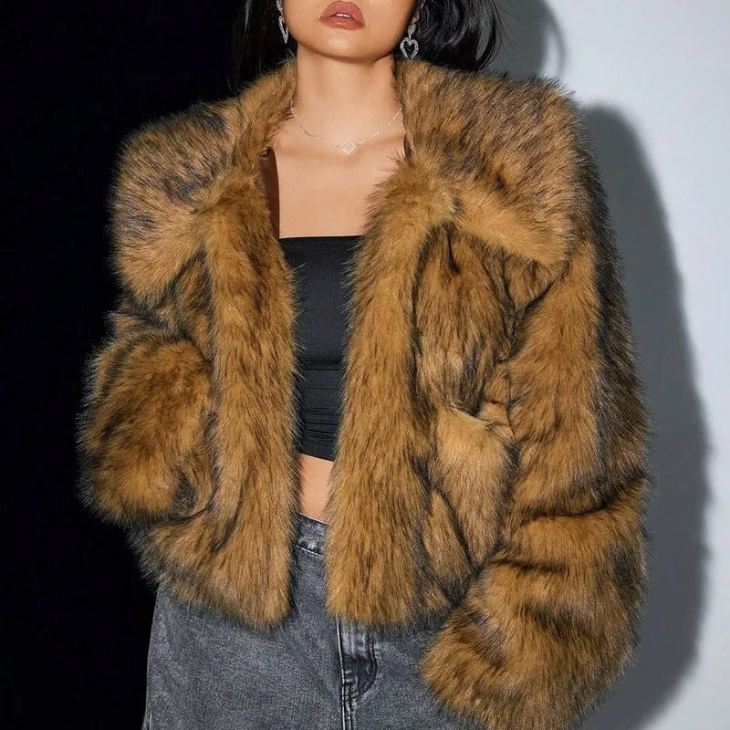 Artificial fox fur fashion coat with fur collar in short 40cm length and long sleeves