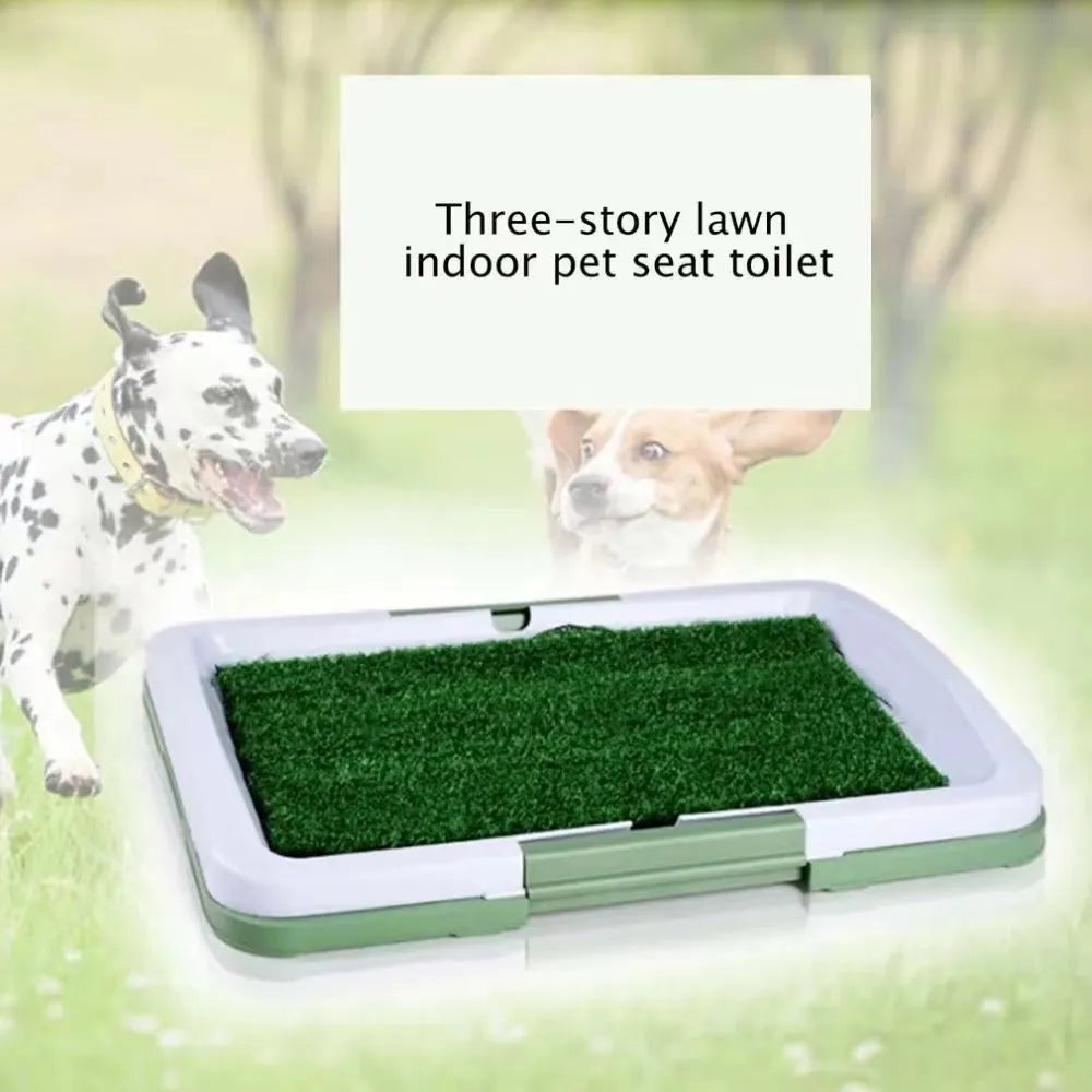 Green artificial turf dog toilet tray with three-layer construction for indoor puppy training.