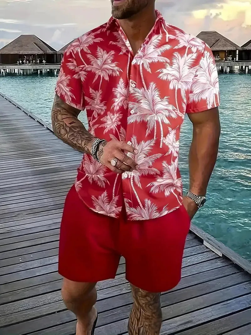 Men's Hawaii 3D printed short sleeve top and shorts leisure suit set on a hanger.