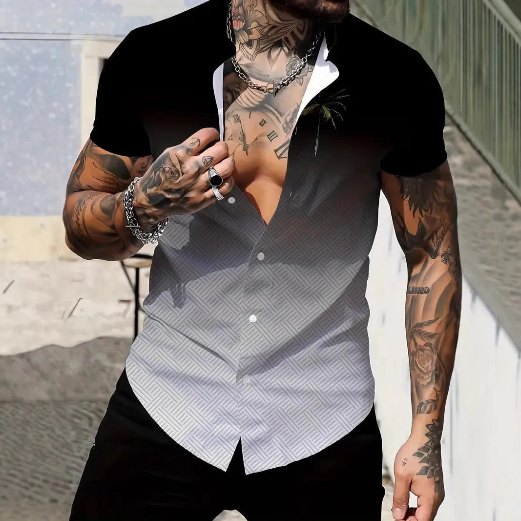 Men's slim fit geometric line print short sleeve lapel shirt in polyester on a mannequin.