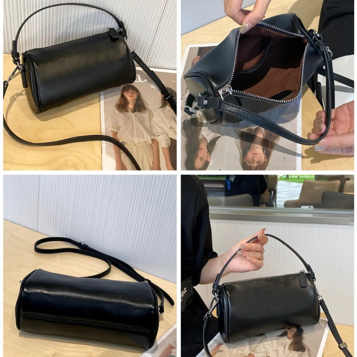 Soft genuine leather cylindrical crossbody bag for mobile phones, shown in a street style with visible stitching.