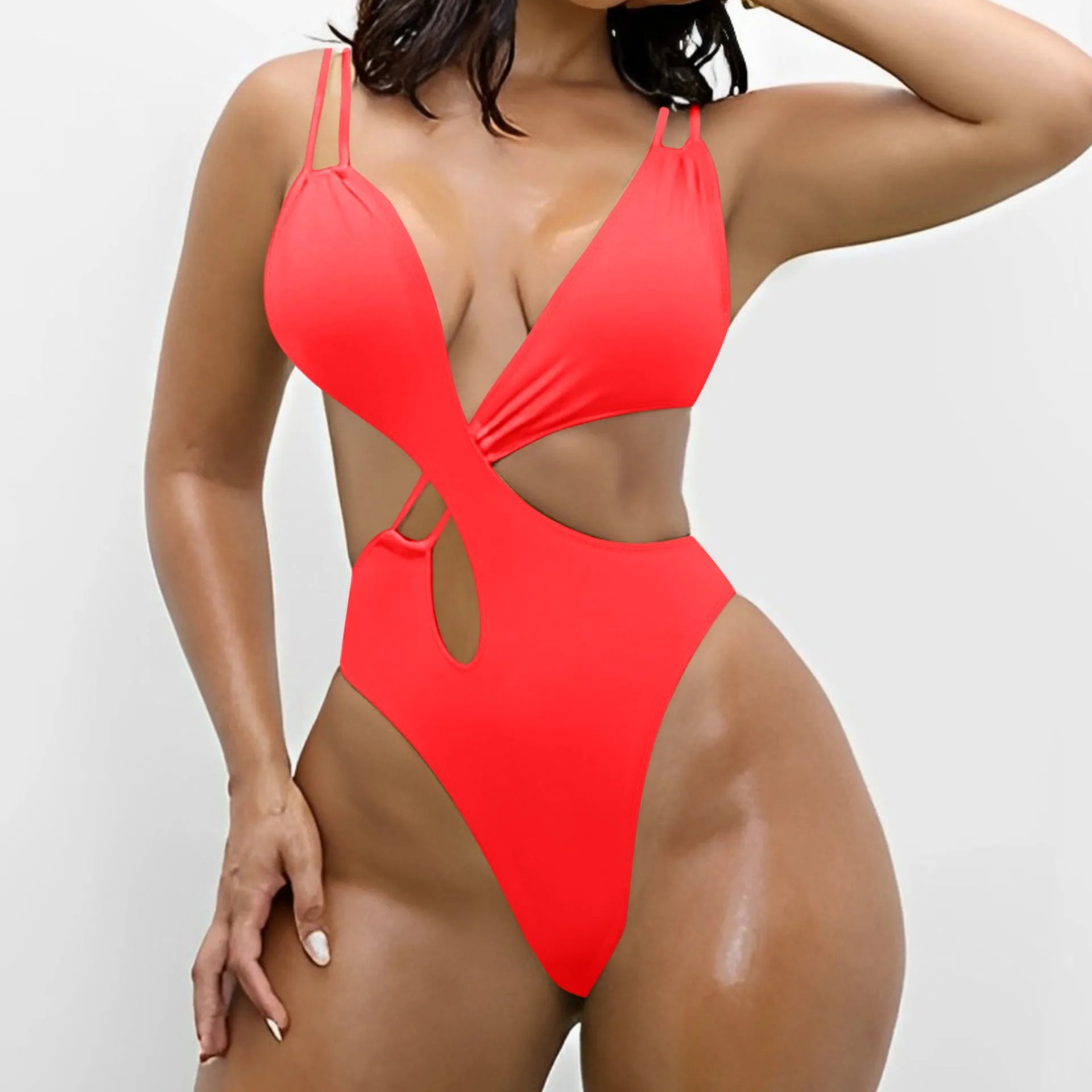 Women's backless one-piece triangle nylon swimsuit in solid colours