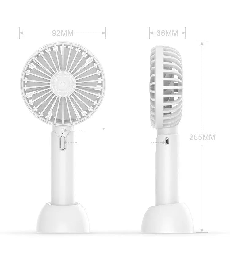 Blue handheld mini desktop electric fan with USB cable and three speed settings