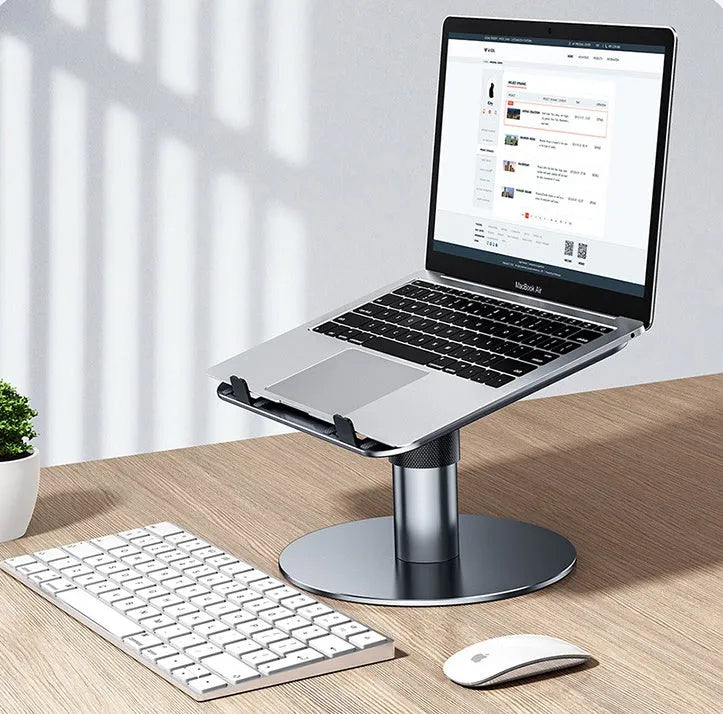 Silver aluminium car laptop stand shown at an adjusted height with a laptop secured on top.