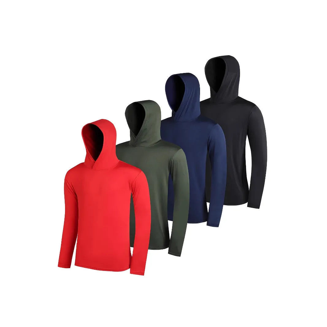 A stack of four men's lightweight polyester hoodies in various colours, showing both hooded and non-hooded styles.
