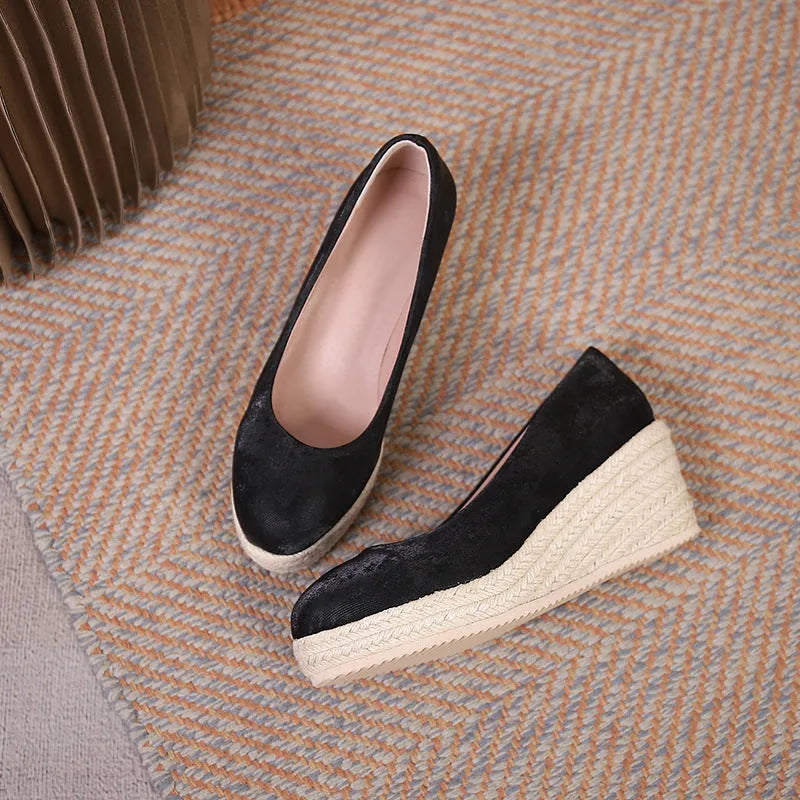 Women's wedge heel pumps with thick rope platform soles and shallow cutout vamp in three colour options