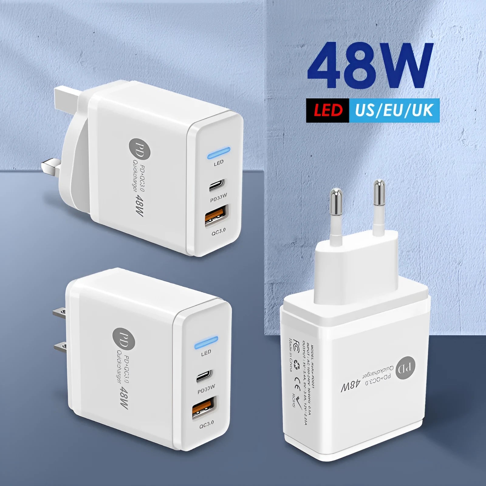 PD48W fast travel charger with UK standard three-pin plug and Type-C USB port