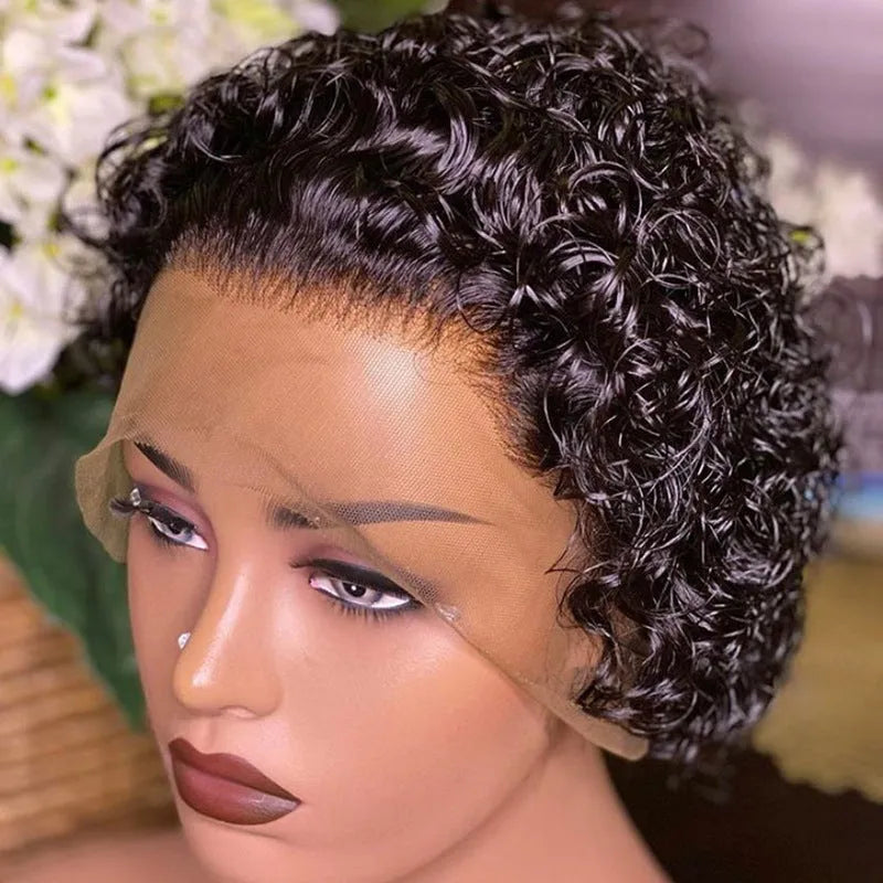 Black human hair pixie wig with lace front on mannequin head