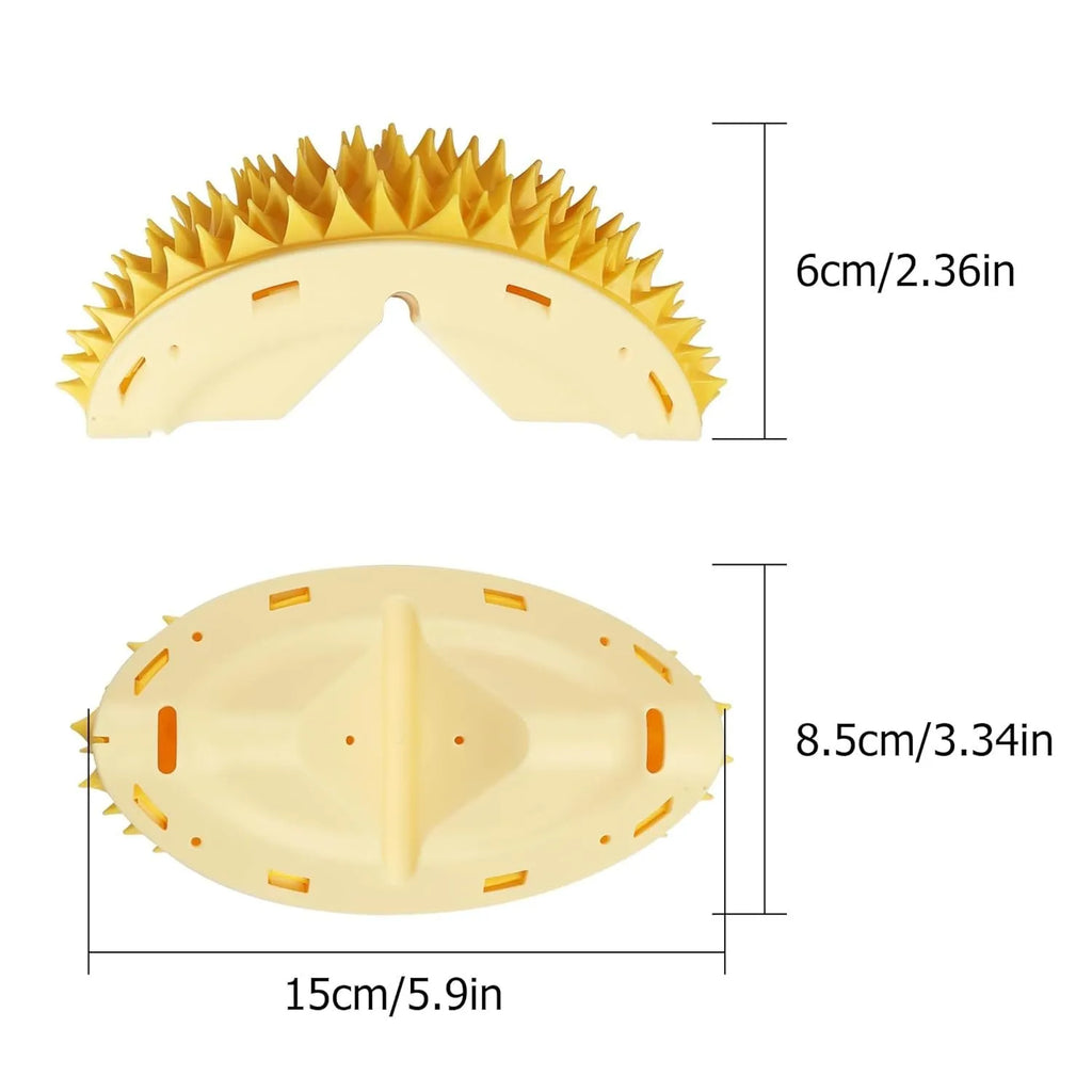 Yellow durian-shaped cat corner scratcher with spiked surface for wall mounting